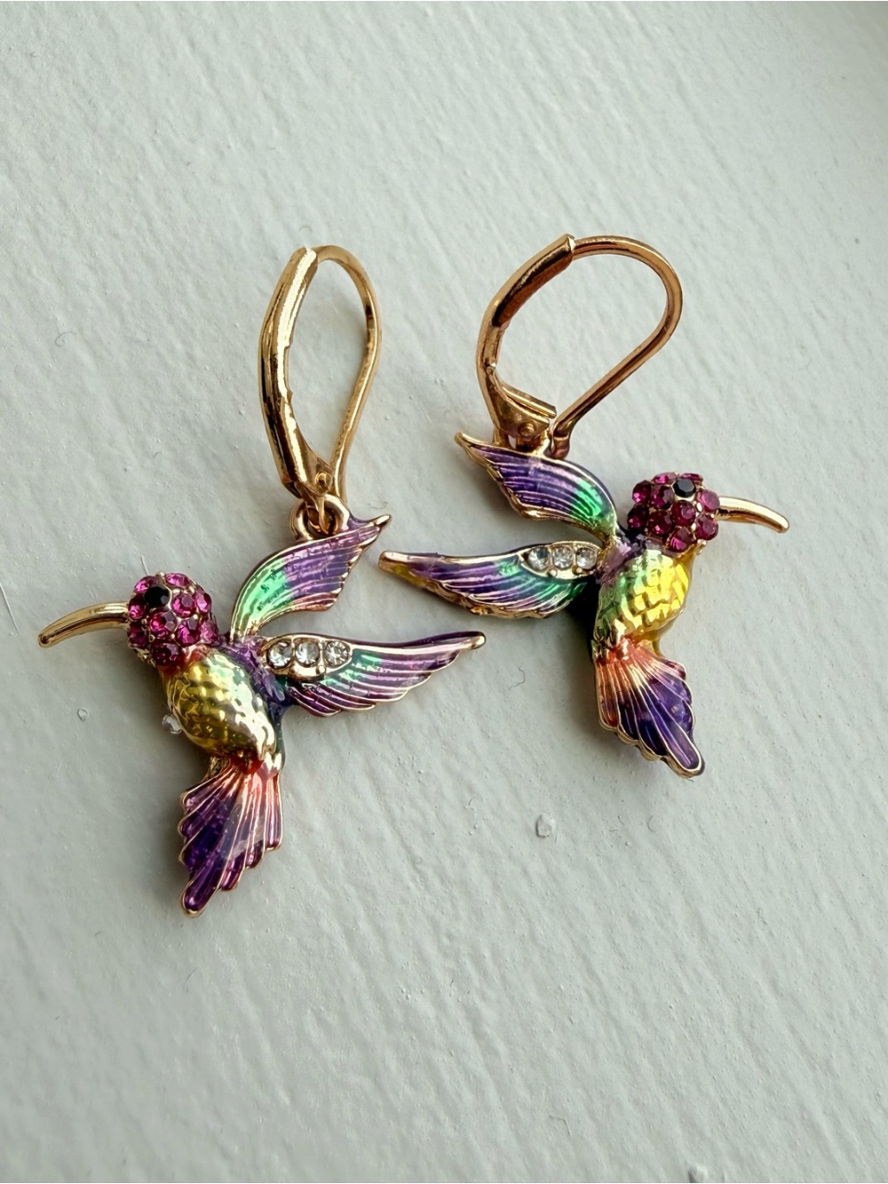 Hummingbird Multicolor Drop Earrings - Vibrant Enamel & Crystal Accent - Picture 2 of 5